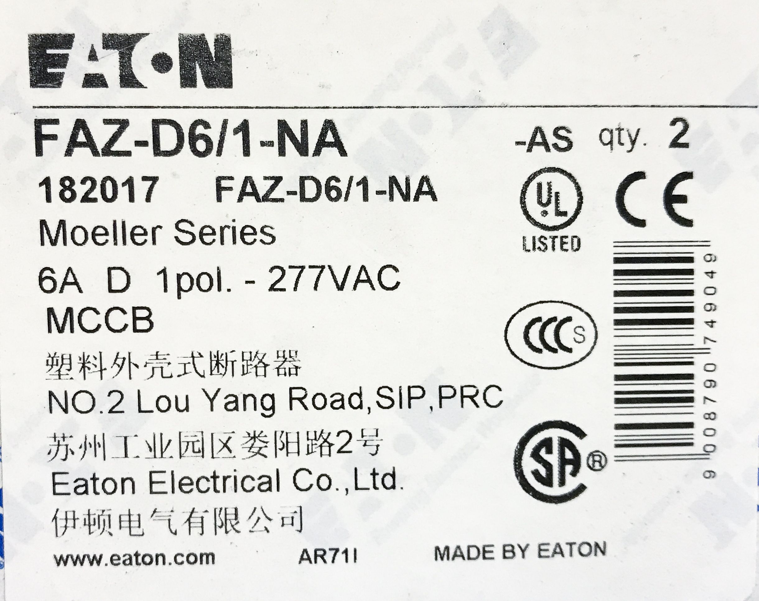【伊顿穆勒】断路器 FAZ-D6/1-NA
