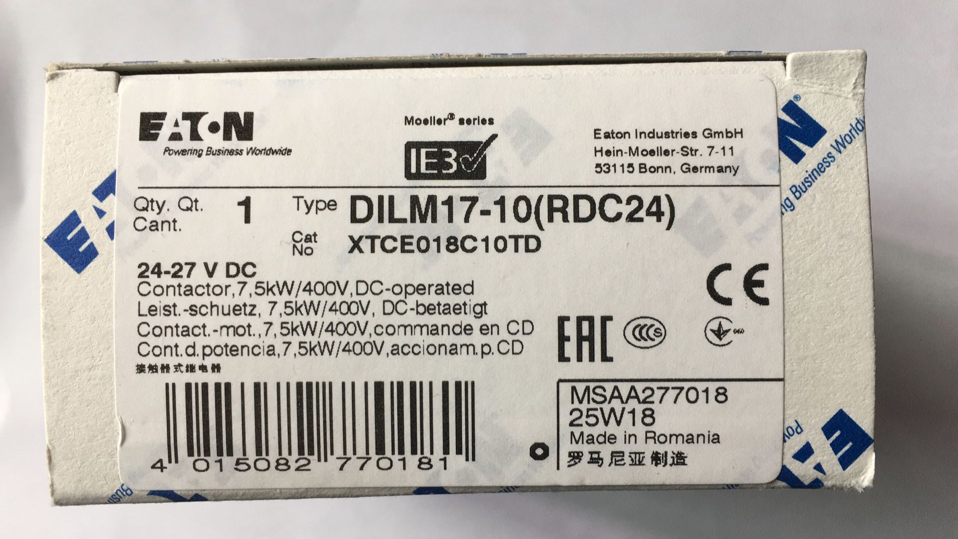 【伊顿穆勒】接触器 DILM17-10(RDC24)